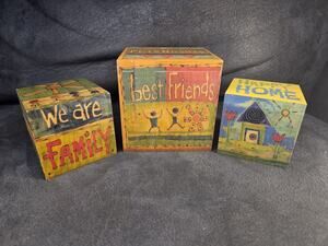 Folk Art Wooden Quote Blocks Set 3 Friendship Family Happy Home Nesting Planters